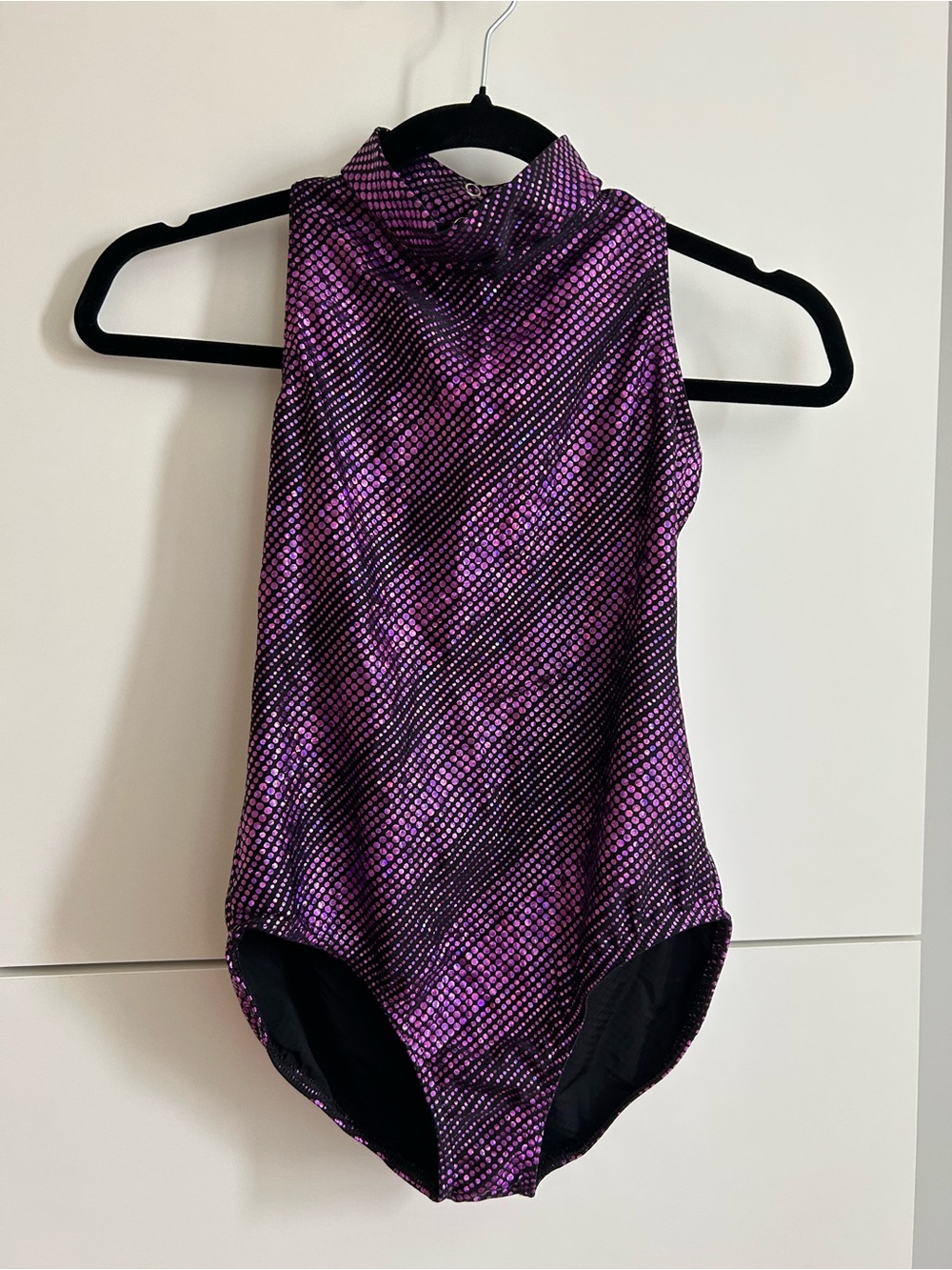 Weissman High-Neck Dance Leotard with Metallic Purple Dot Design